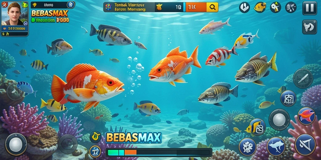 Screenshot gameplay BEBASMAX menampilkan aksi seru menembak ikan.