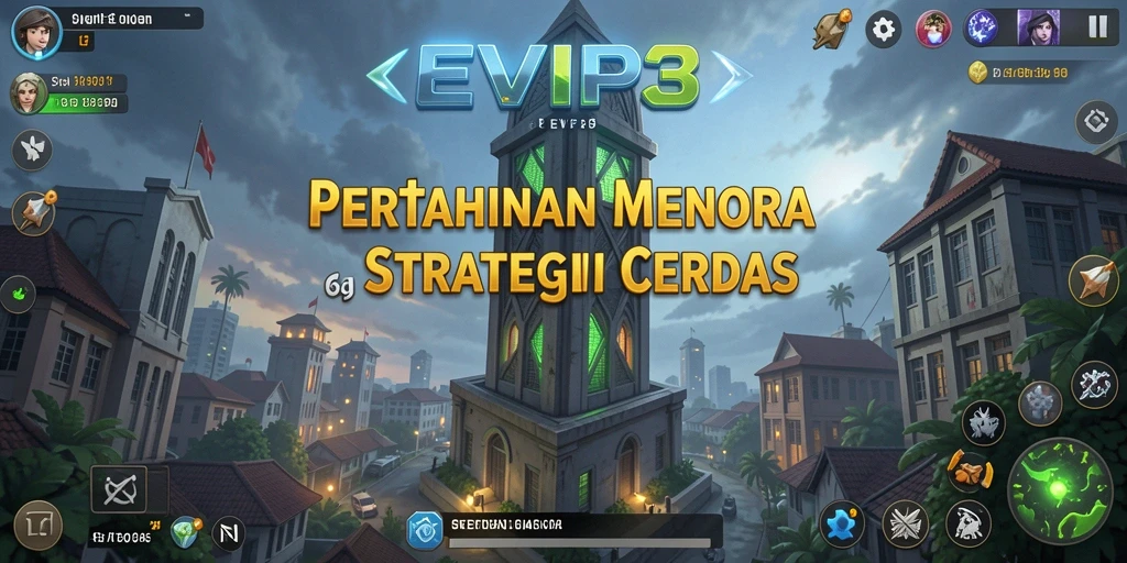 Tangkapan layar gameplay EVIP3 menampilkan aksi pertahanan menara yang mendebarkan.