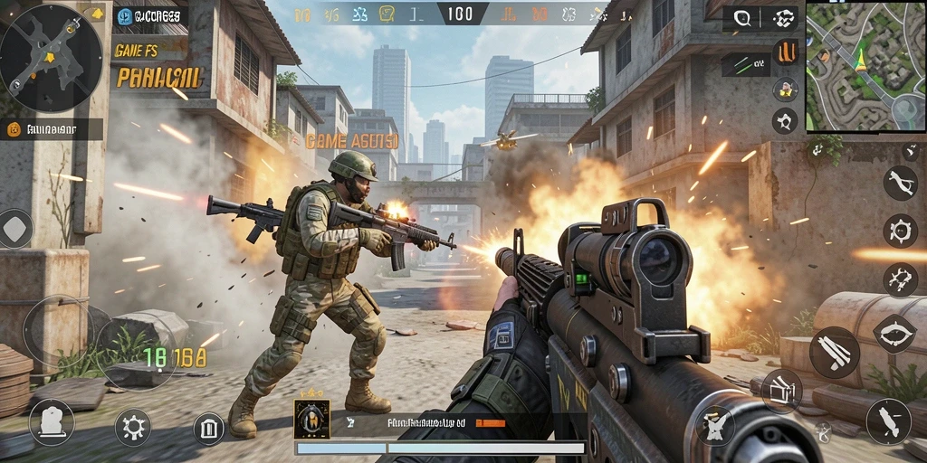 Screenshot utama GACOR668 menampilkan aksi pertempuran intens di arena FPS.