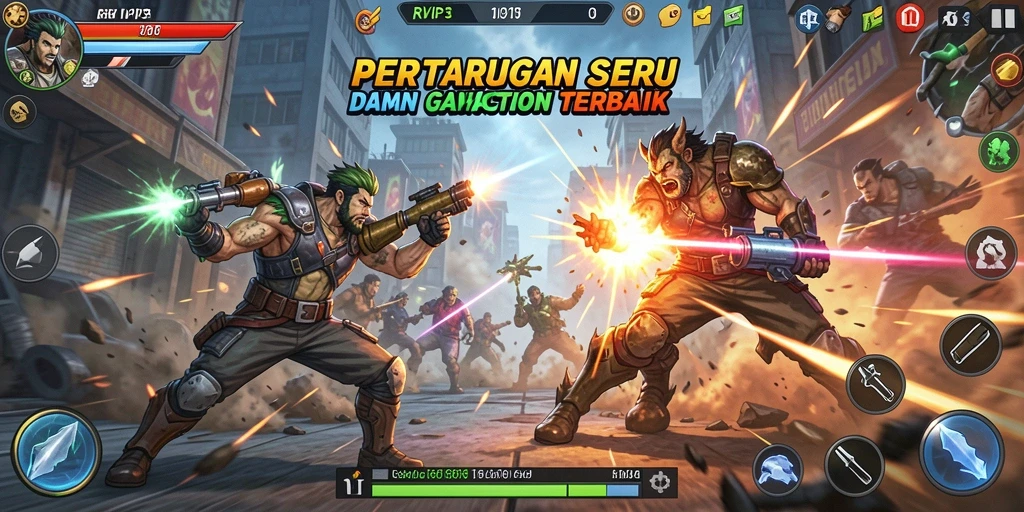 Tampilan seru dari gameplay RVIP3 saat bertarung melawan musuh.