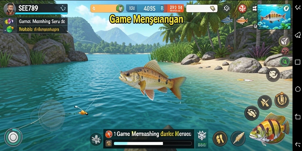 Screenshot gameplay SEE789 yang menunjukkan aksi memancing seru di lokasi indah.