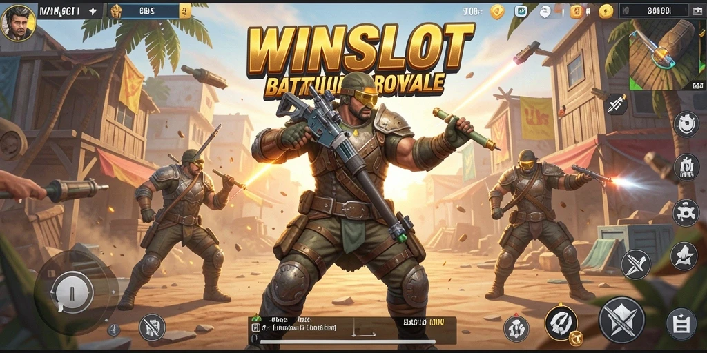 Tangkapan layar menunjukkan aksi intens dalam WINSLOT, menampilkan pertempuran Battle Royale yang seru.