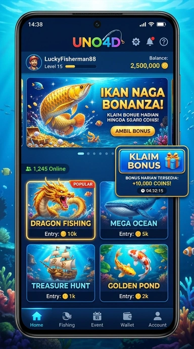 Pengguna menjelajahi berbagai kategori di apliksi uno4d.